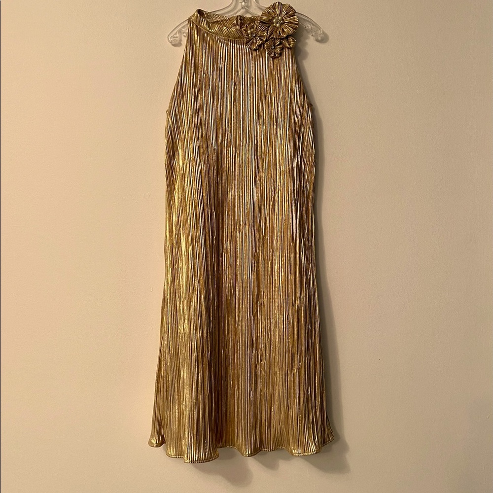 Gold Pleated Lame Girls Party Dress